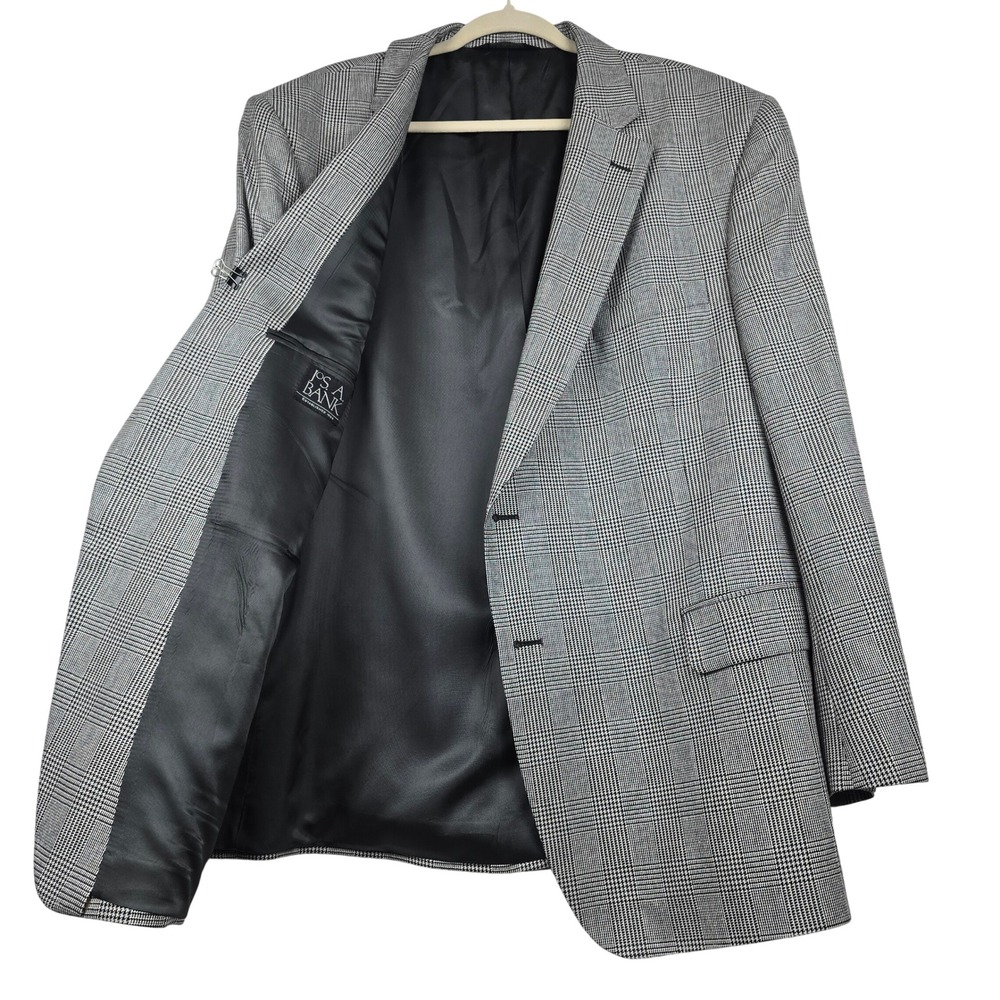 Jos A Bank Mens 48R Silk Wool Blend Glen Plaid Blazer Sport Coat Black White